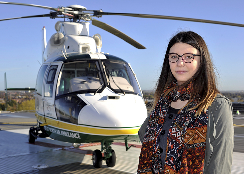 gnaas patient stephanie wilkinson from alnwick in front of helicopter