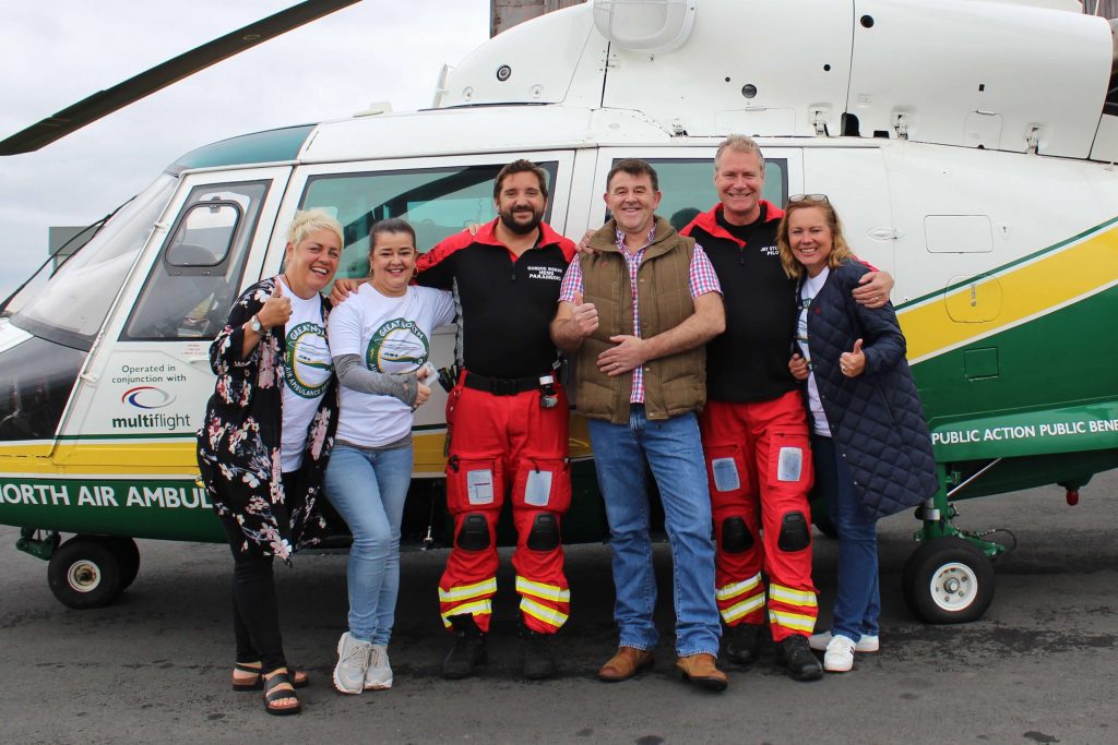 Debi Wills, Jane Spence, GNAAS paramedic Gordon Ingram, Mosh Spence, GNAAS chief pilot Jay Steward and Nikki Wills