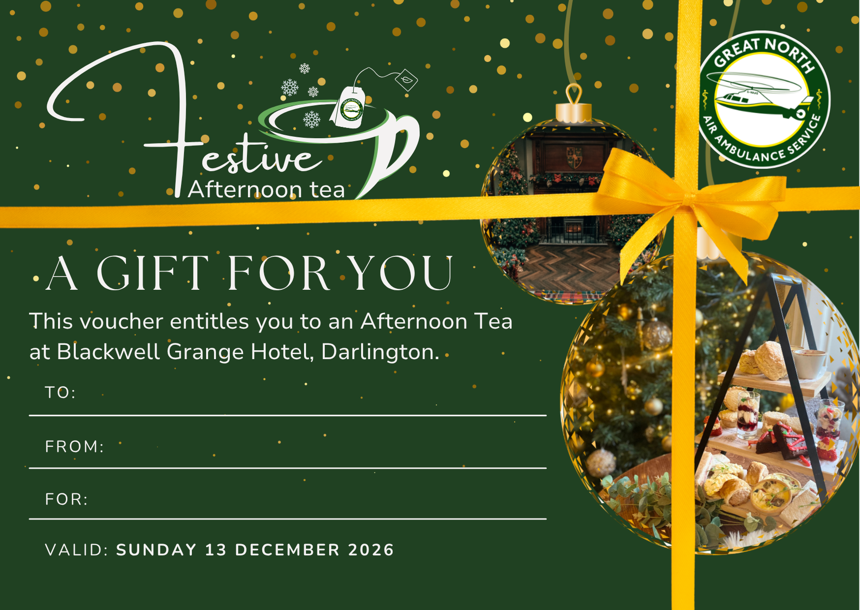 Great North Air Ambulance Service Festive Afternoon Tea gift voucher for Blackwell Grange Hotel
